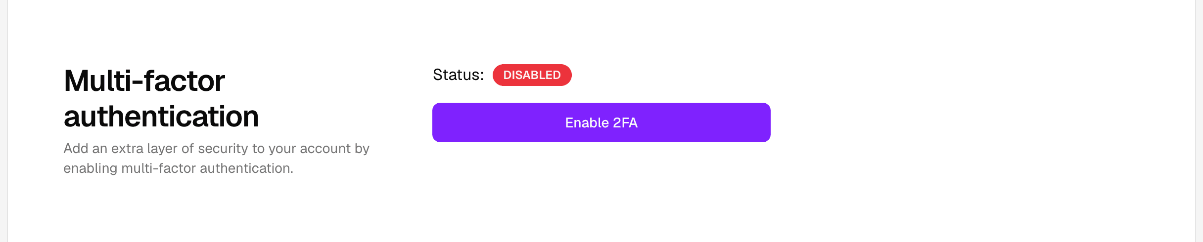 Multi-factor authentication section showing a Disabled status badge with an Enable 2FA button.