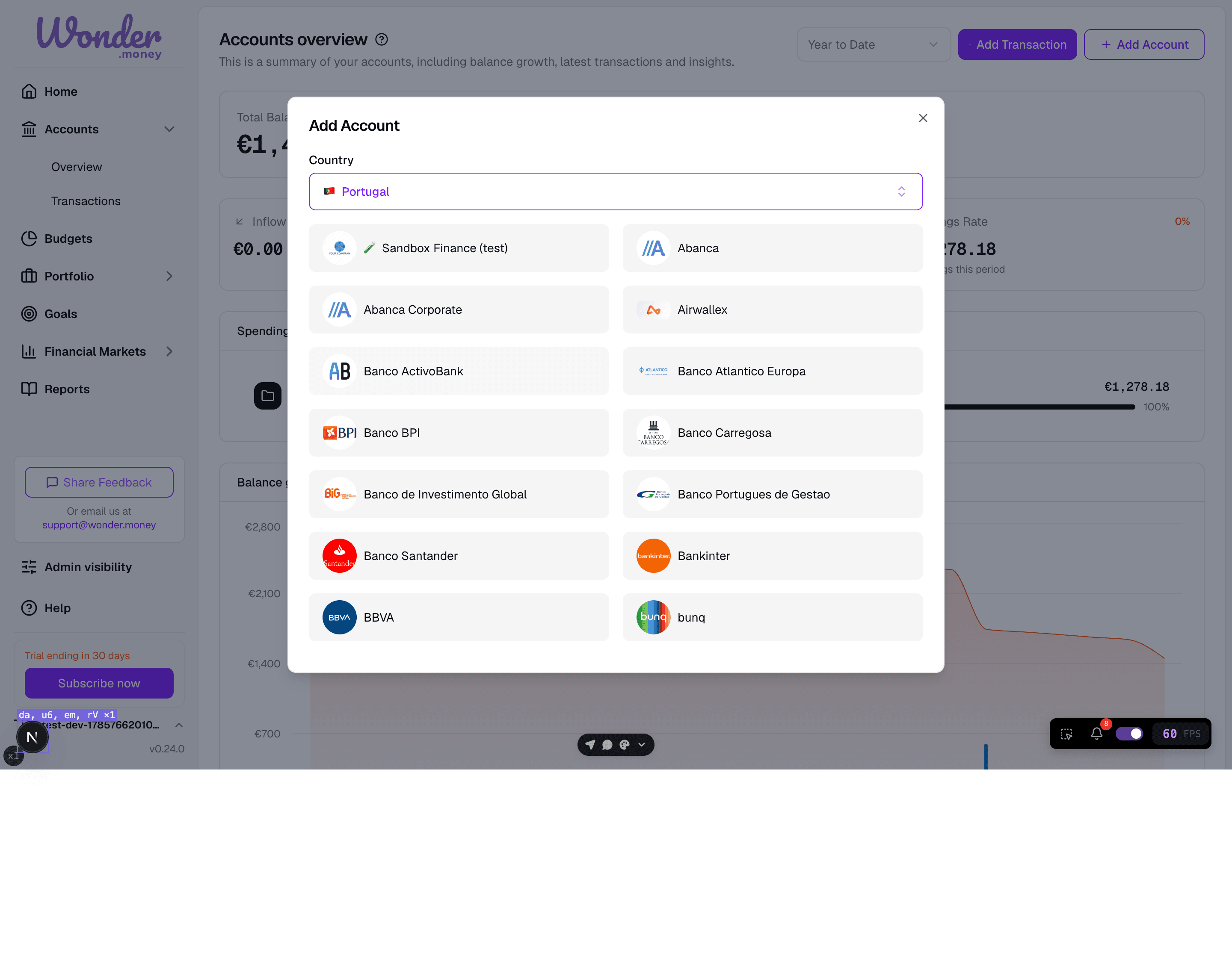 Bank picker modal listing Sandbox Finance first, followed by real bank options.