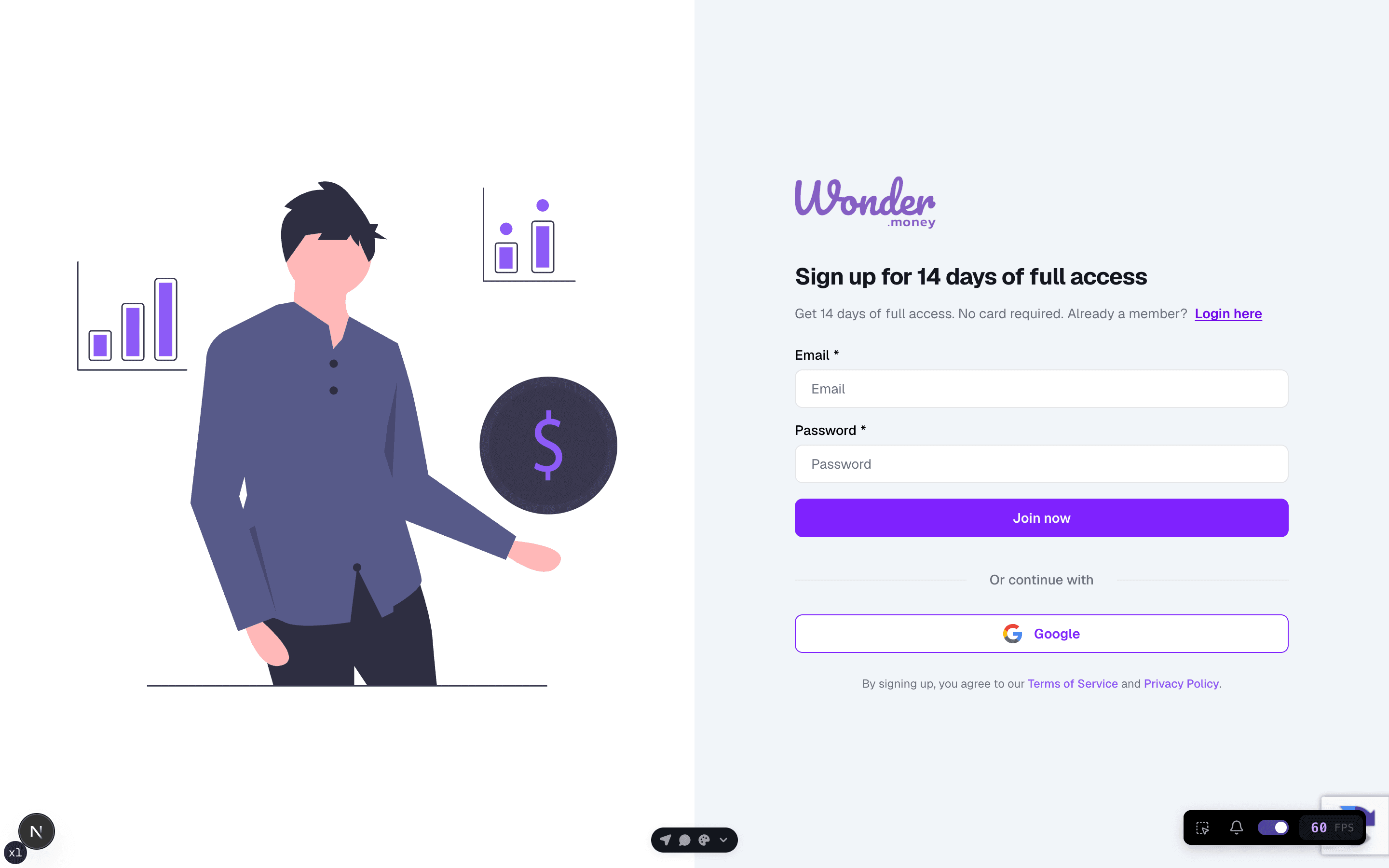 Sign-up form with email, password, and referral code fields, and a 14-day trial CTA.