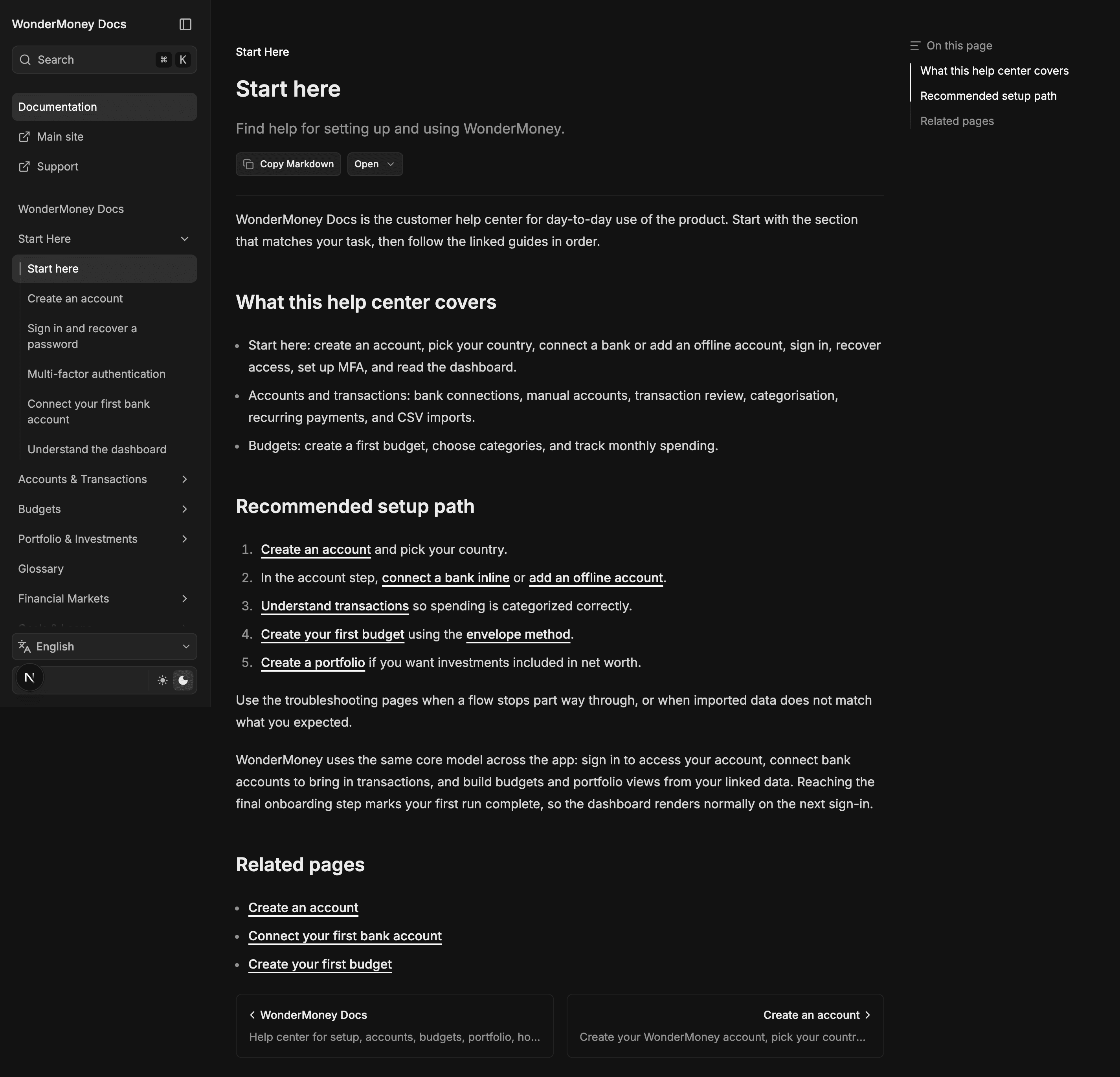 WonderMoney docs landing page with navigation by section and a search field.