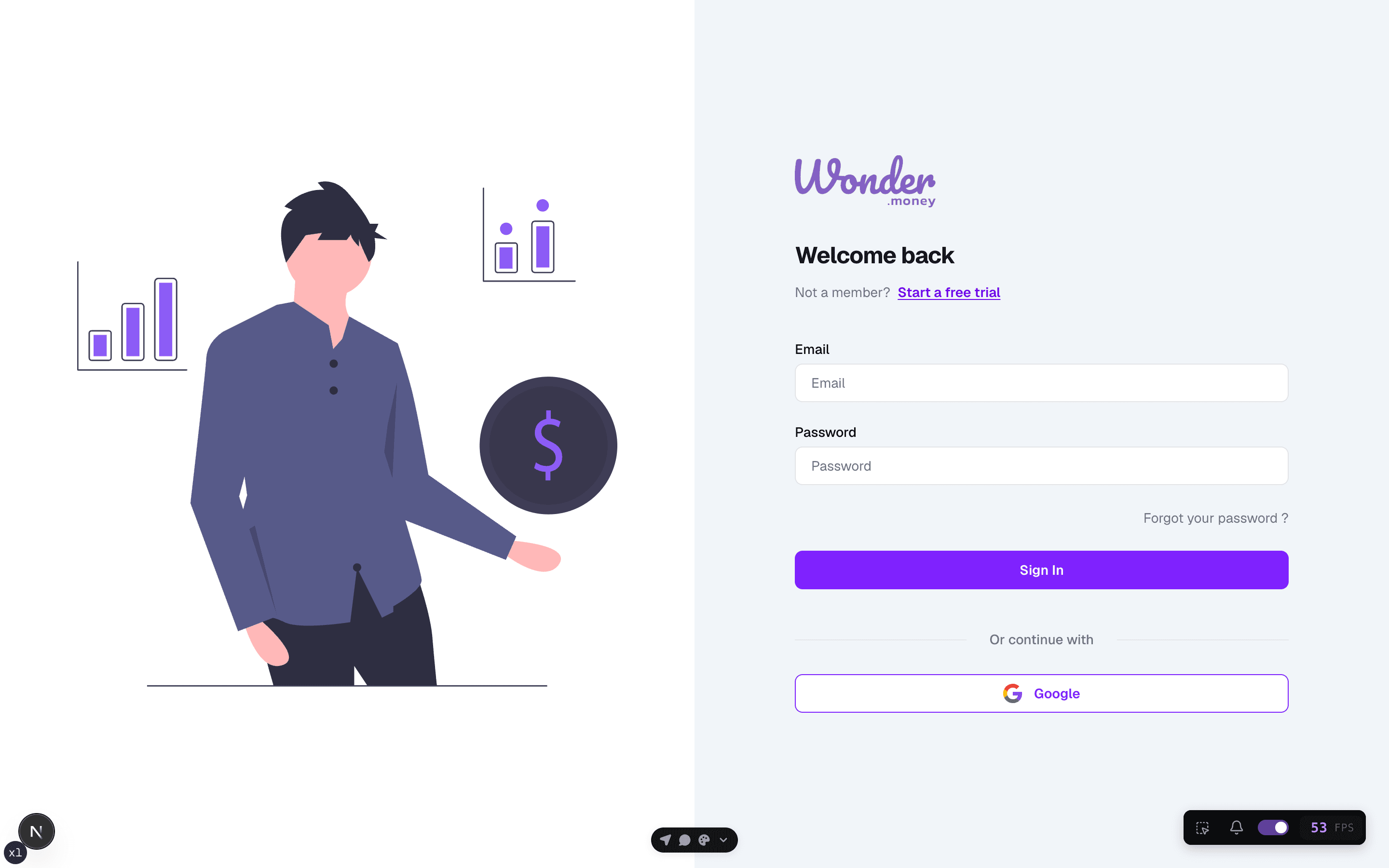 Sign-in form with email and password fields, MFA option, and forgot-password link.