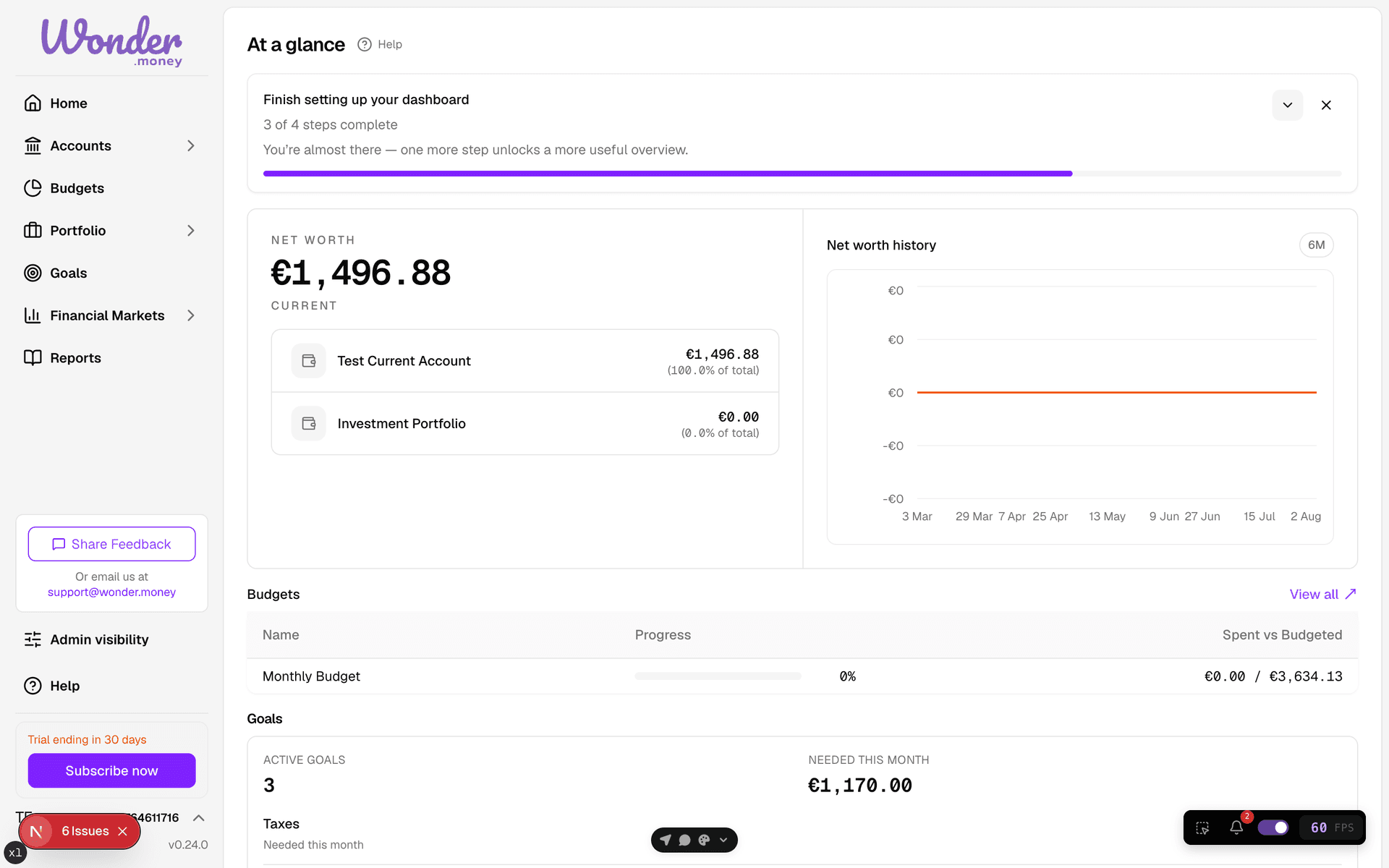 Dashboard with balance summary, account cards, and recent transactions.