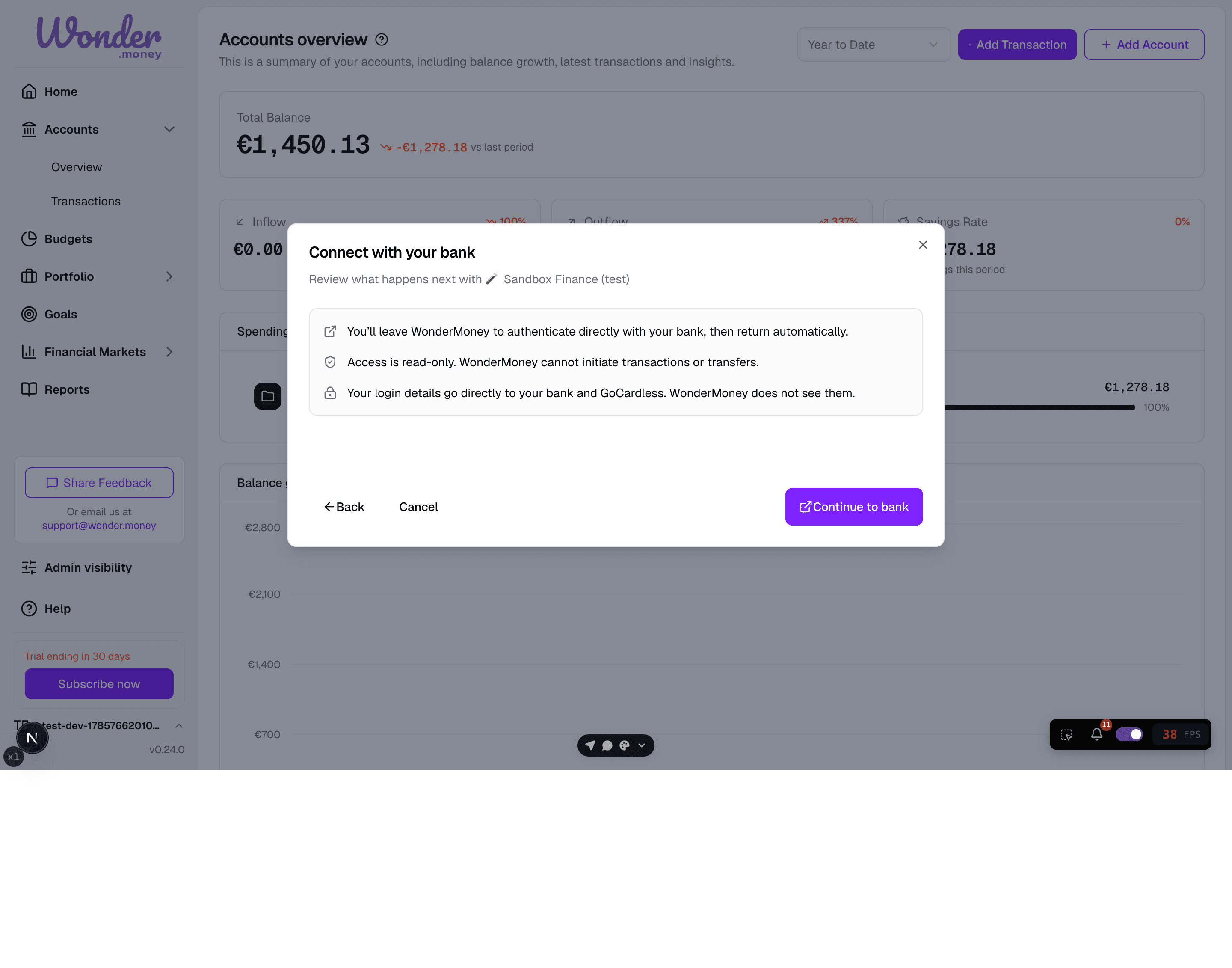 Bank connection expectation dialog explaining that WonderMoney leaves the app to authenticate with the bank and keeps access read-only.