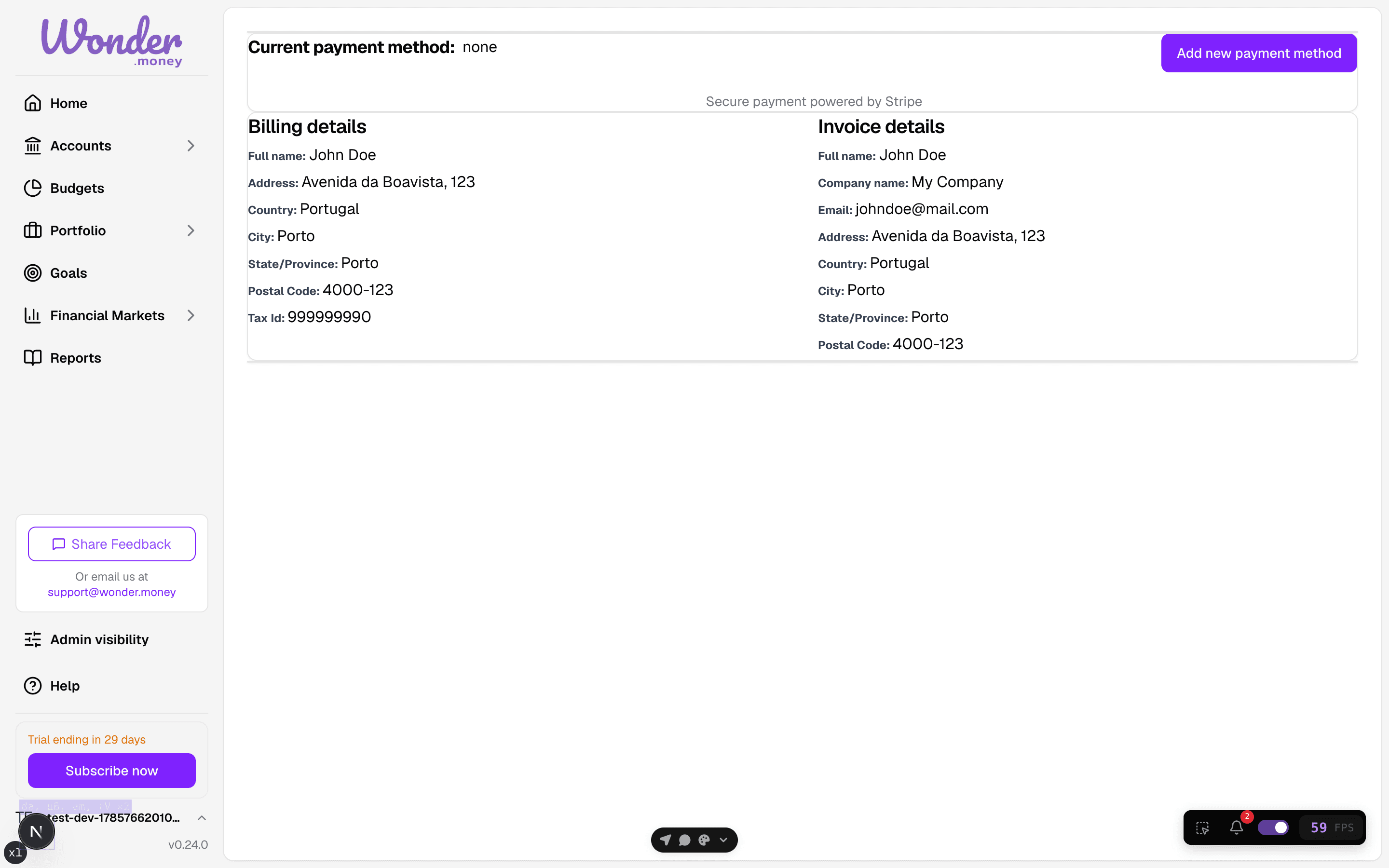 Billing page showing no current payment method with an add payment method button.