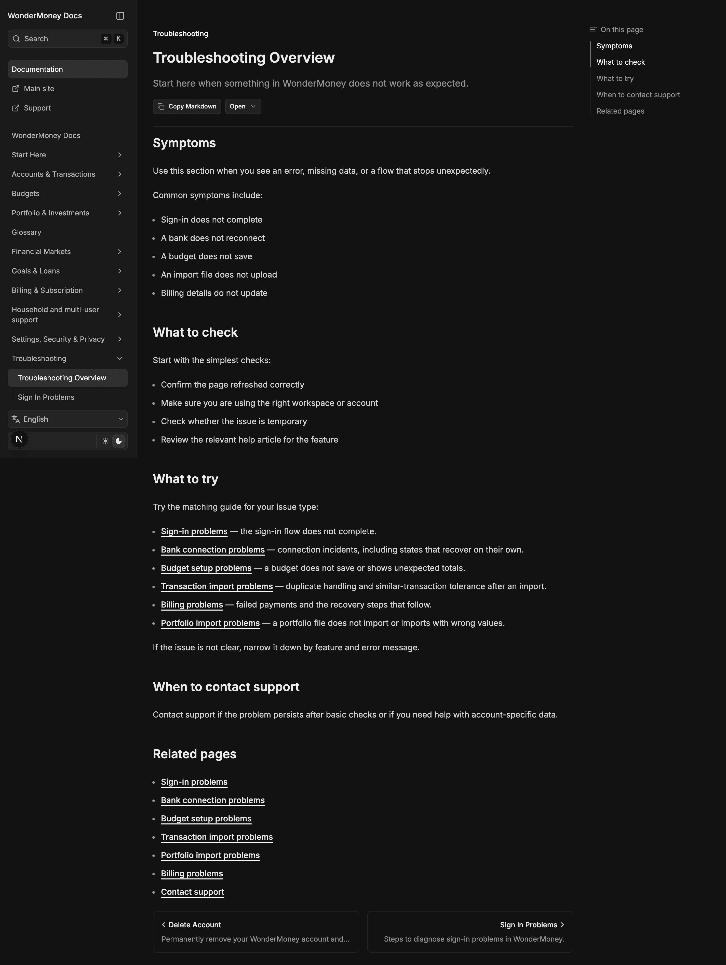 WonderMoney docs troubleshooting overview page listing common symptoms and the matching guides.