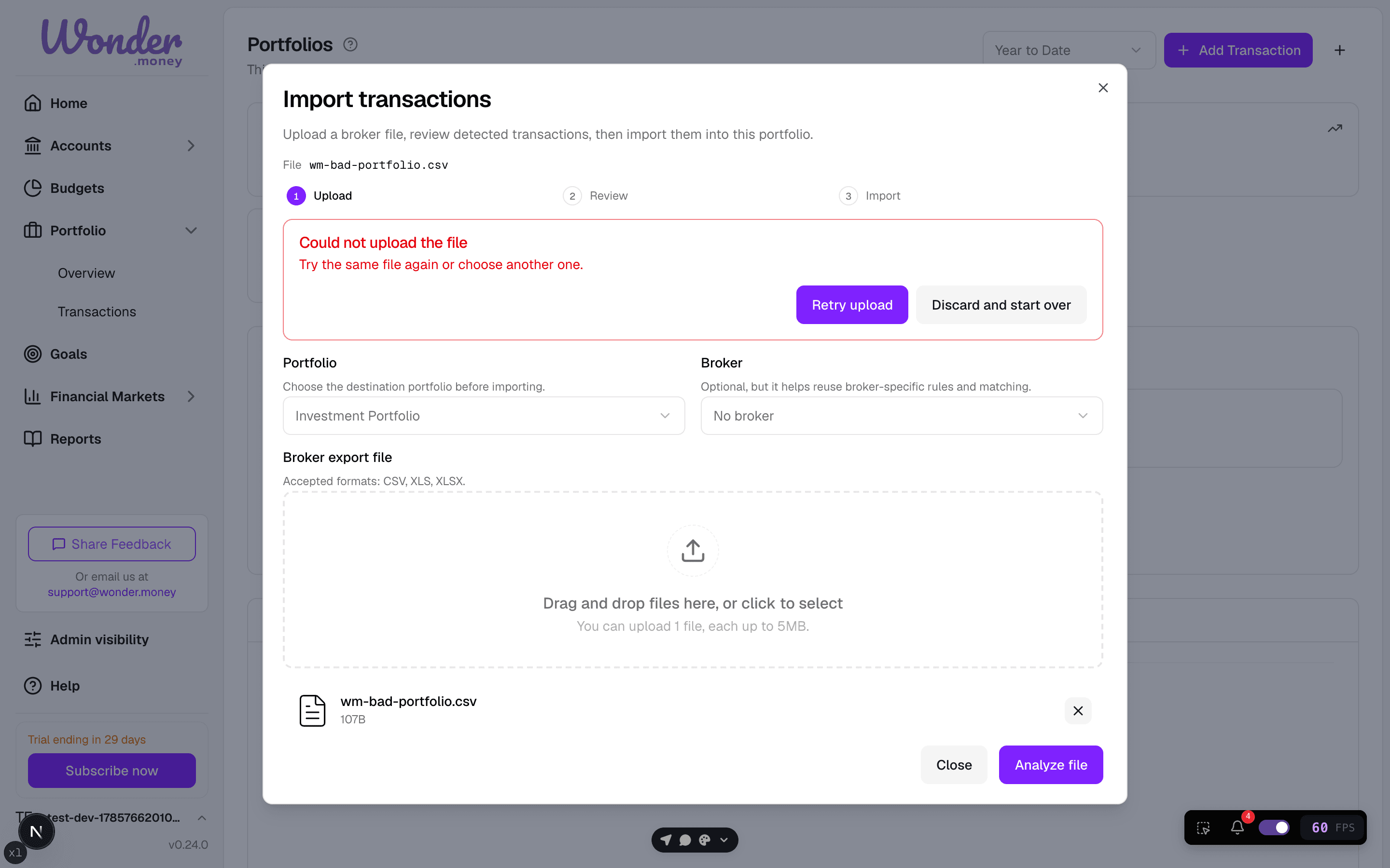 Portfolio import dialog showing a file upload error with retry options.